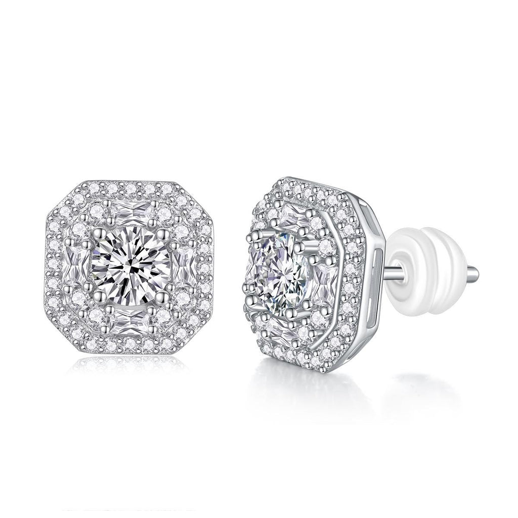 Moissanite Stud Earrings - Cushion Cut Double Halo, Sterling Silver