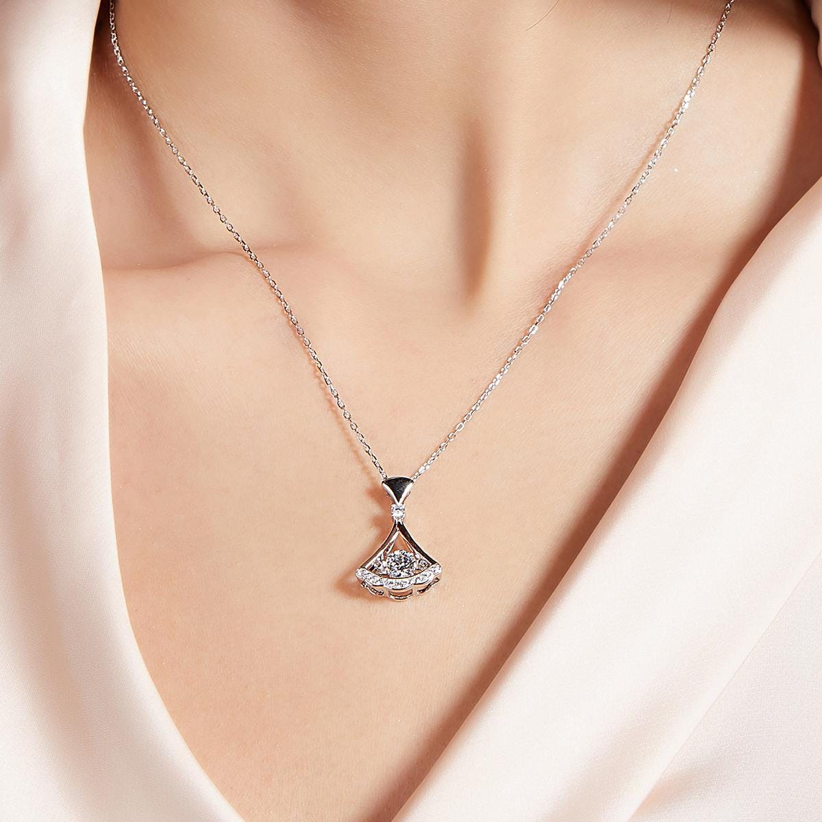 Skirt Dance Moissanite Necklace in 925 Sterling Silver with White Gold Plating - 0.5 ct
