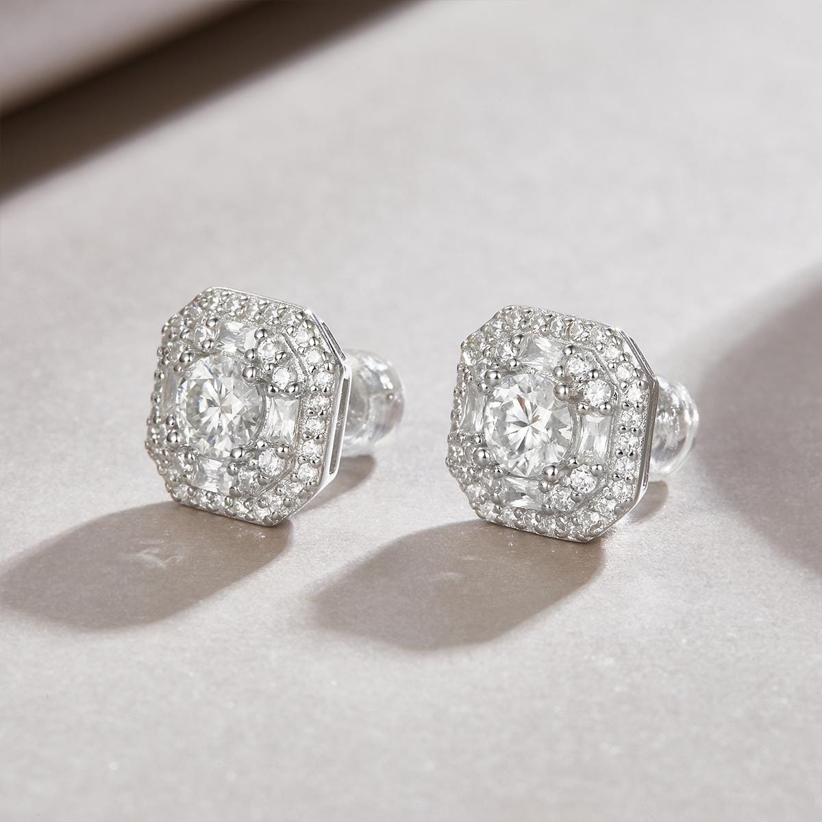 Moissanite Stud Earrings - Cushion Cut Double Halo, Sterling Silver