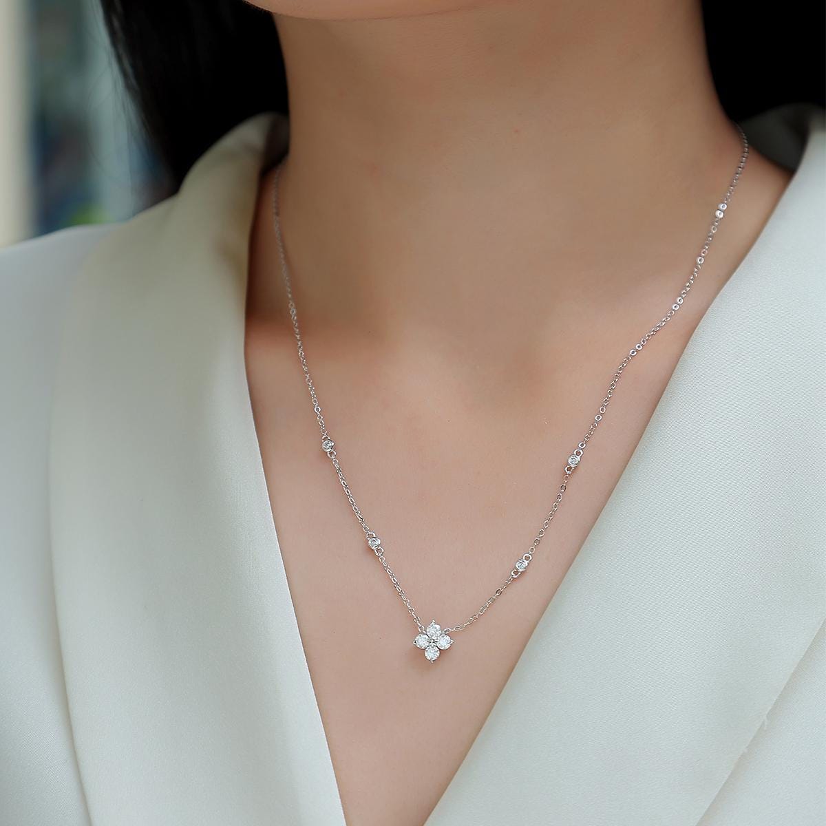 Moissanite Clover Necklace - Sterling Silver, 18K White Gold Plated