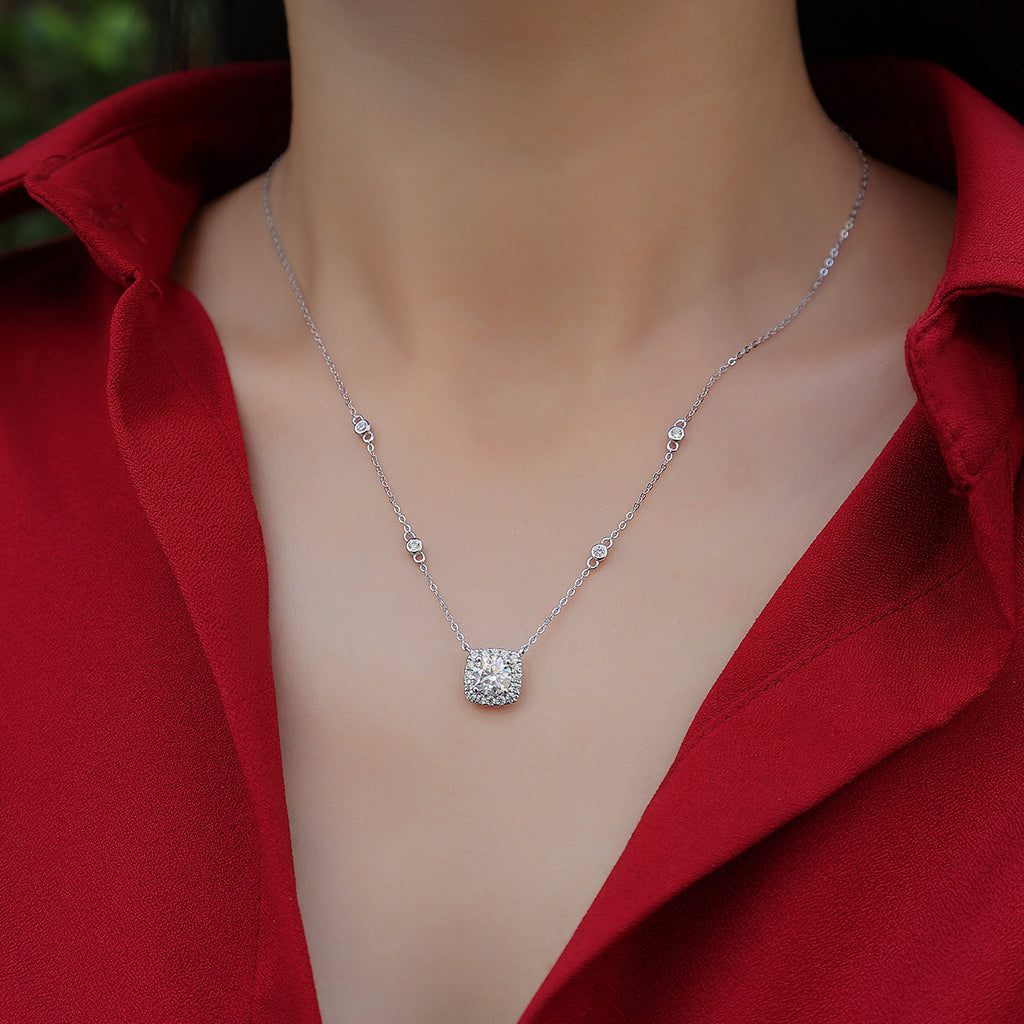 Cushion Cut Moissanite Pendant Necklace in 925 Sterling Silver with White Gold Plating – 1.0 ct