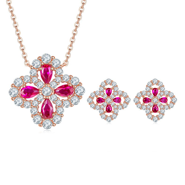 Four Leaf Motif Ruby Gemstone Jewelry Set