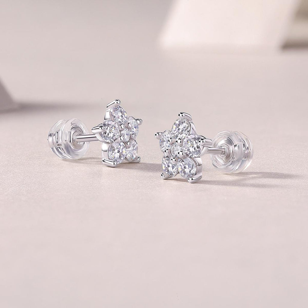 Floral Moissanite Stud Earrings 18K White Gold Plated, Sterling Silver