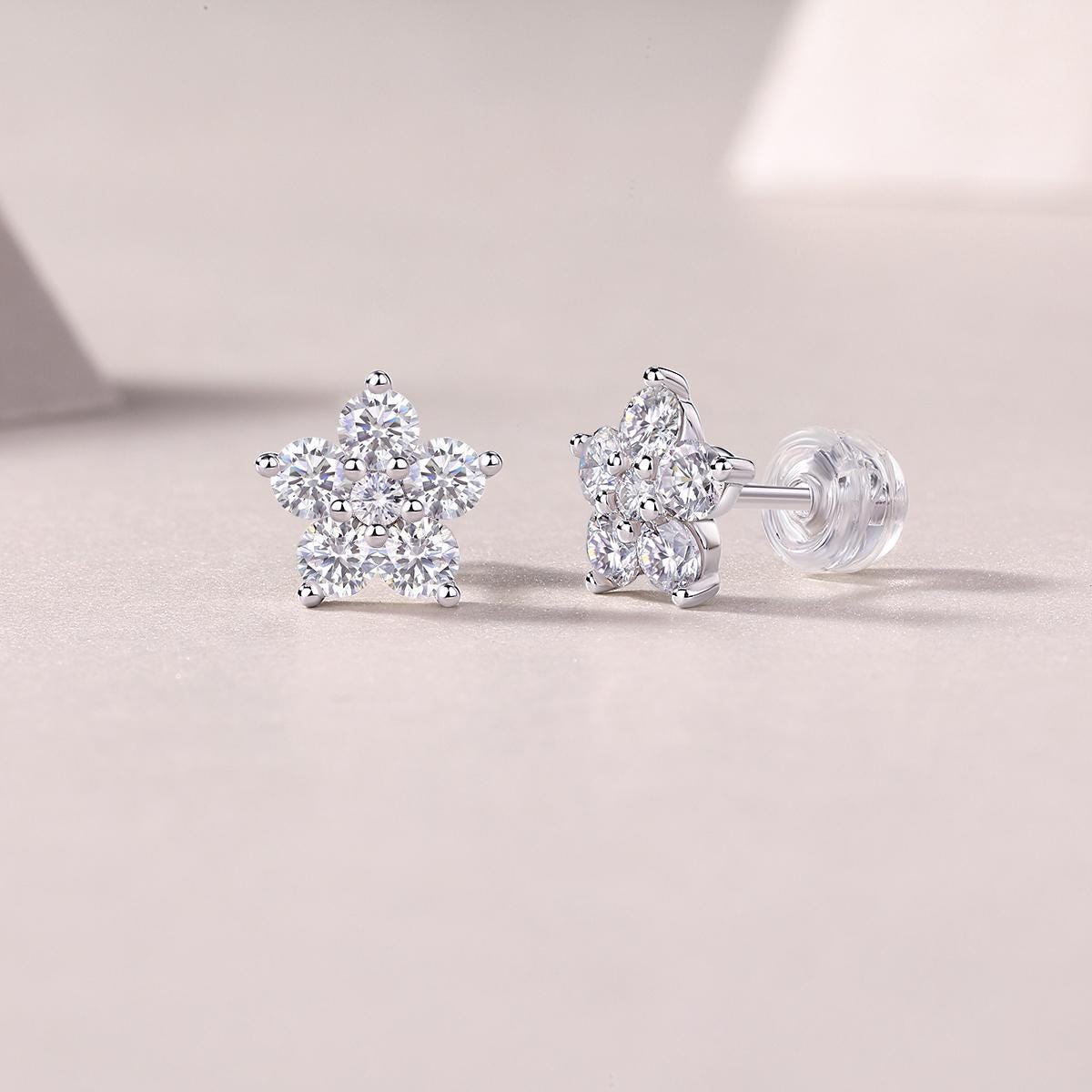 Floral Moissanite Stud Earrings 18K White Gold Plated, Sterling Silver