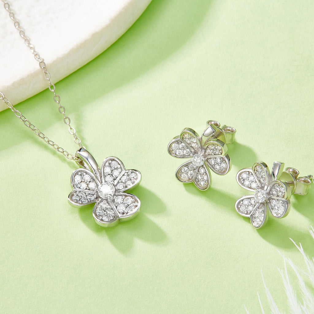 Lucky Three‑Leaf Clover Moissanite Jewelry Set in 925 Sterling Silver with 18K White Gold Plating – 0.38 ct