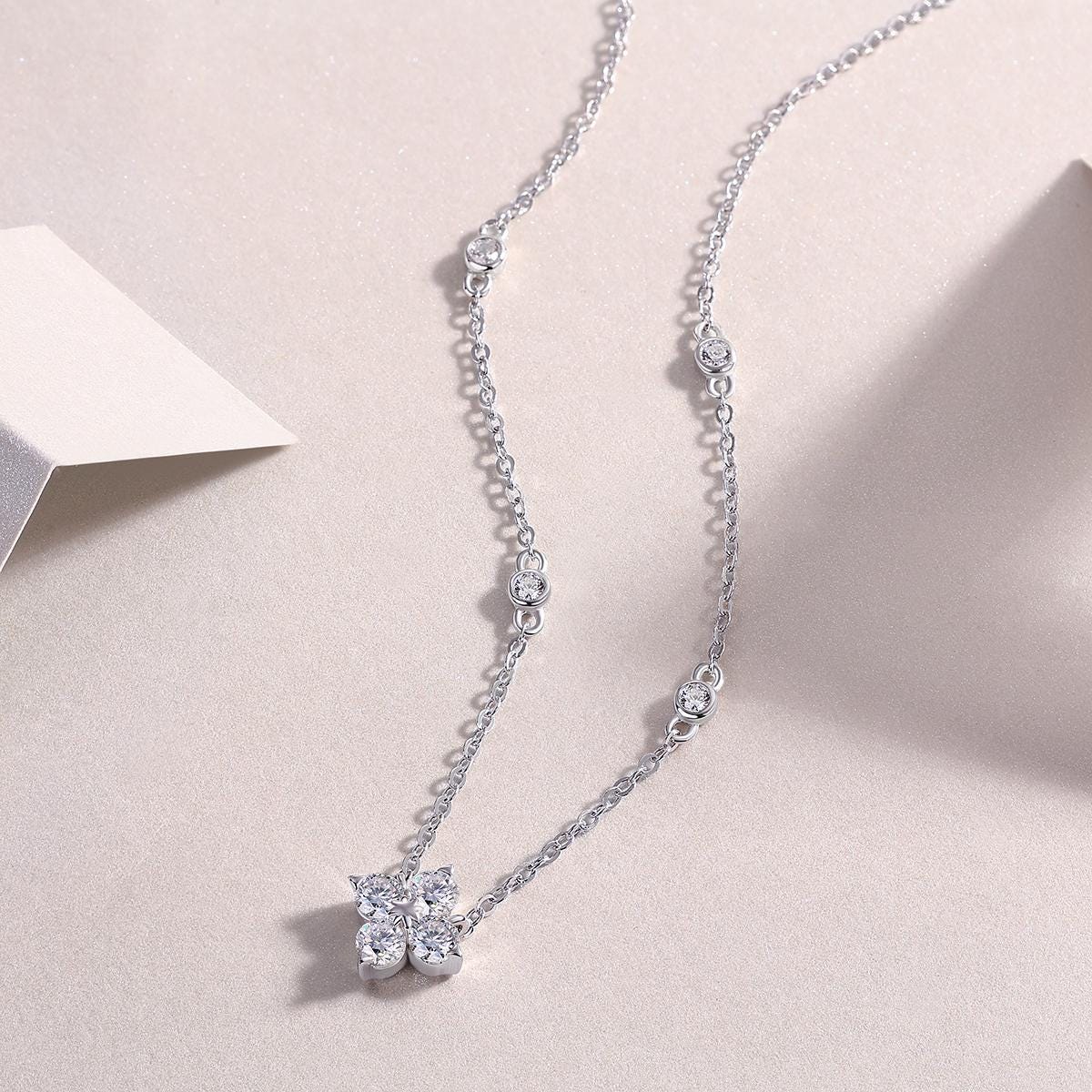 Moissanite Clover Necklace - Sterling Silver, 18K White Gold Plated