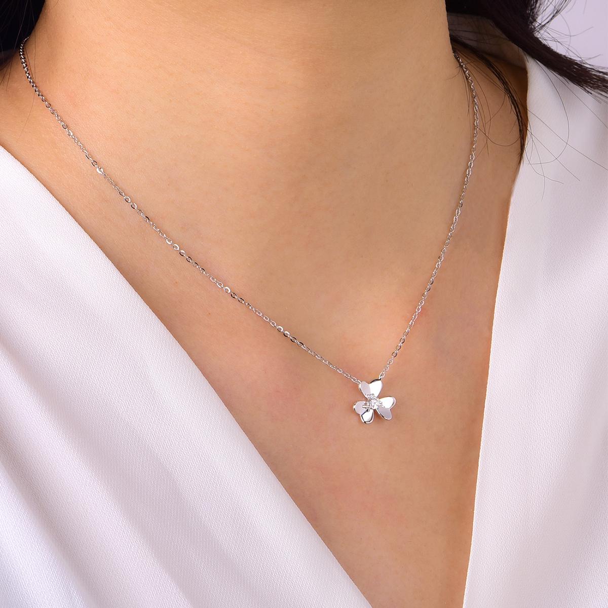 Moissanite Three-Leaf Clover Necklace - Sterling Silver, White Gold Plated