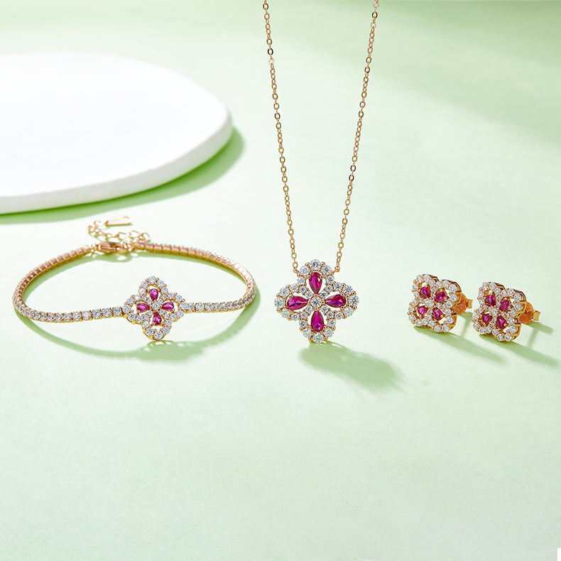 Four Leaf Motif Ruby Gemstone Jewelry Set