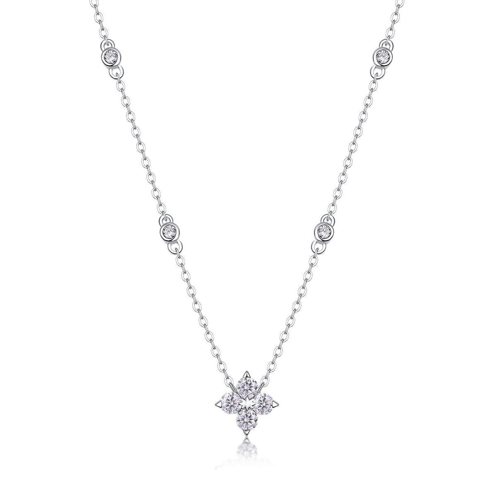 Moissanite Clover Necklace - Sterling Silver, 18K White Gold Plated