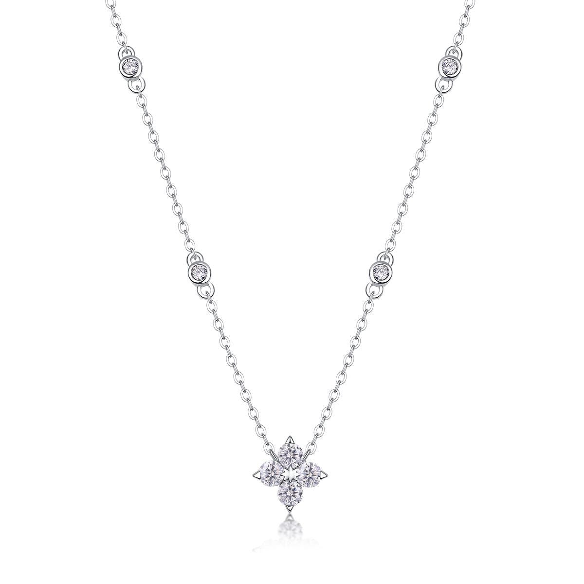 Moissanite Clover Necklace - Sterling Silver, 18K White Gold Plated