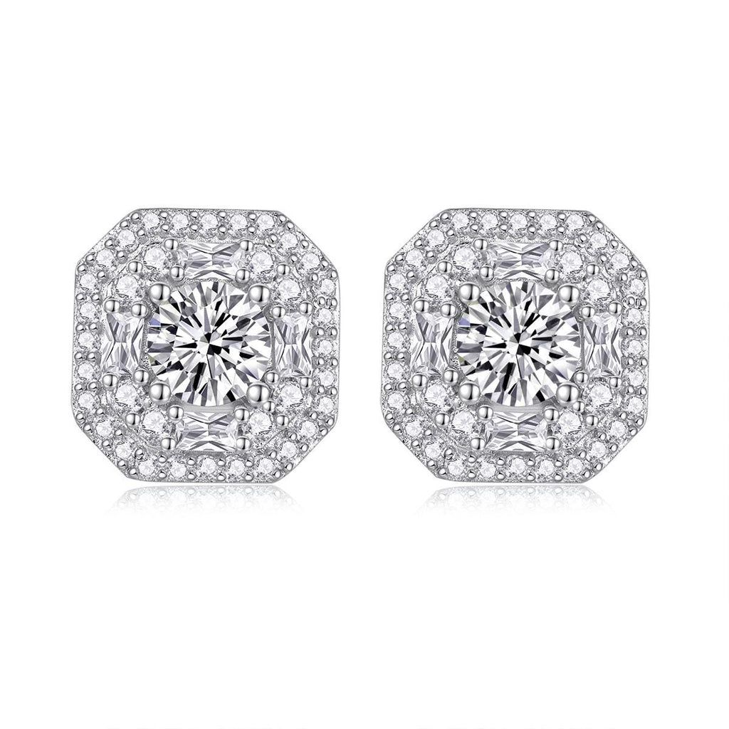 Moissanite Stud Earrings - Cushion Cut Double Halo, Sterling Silver