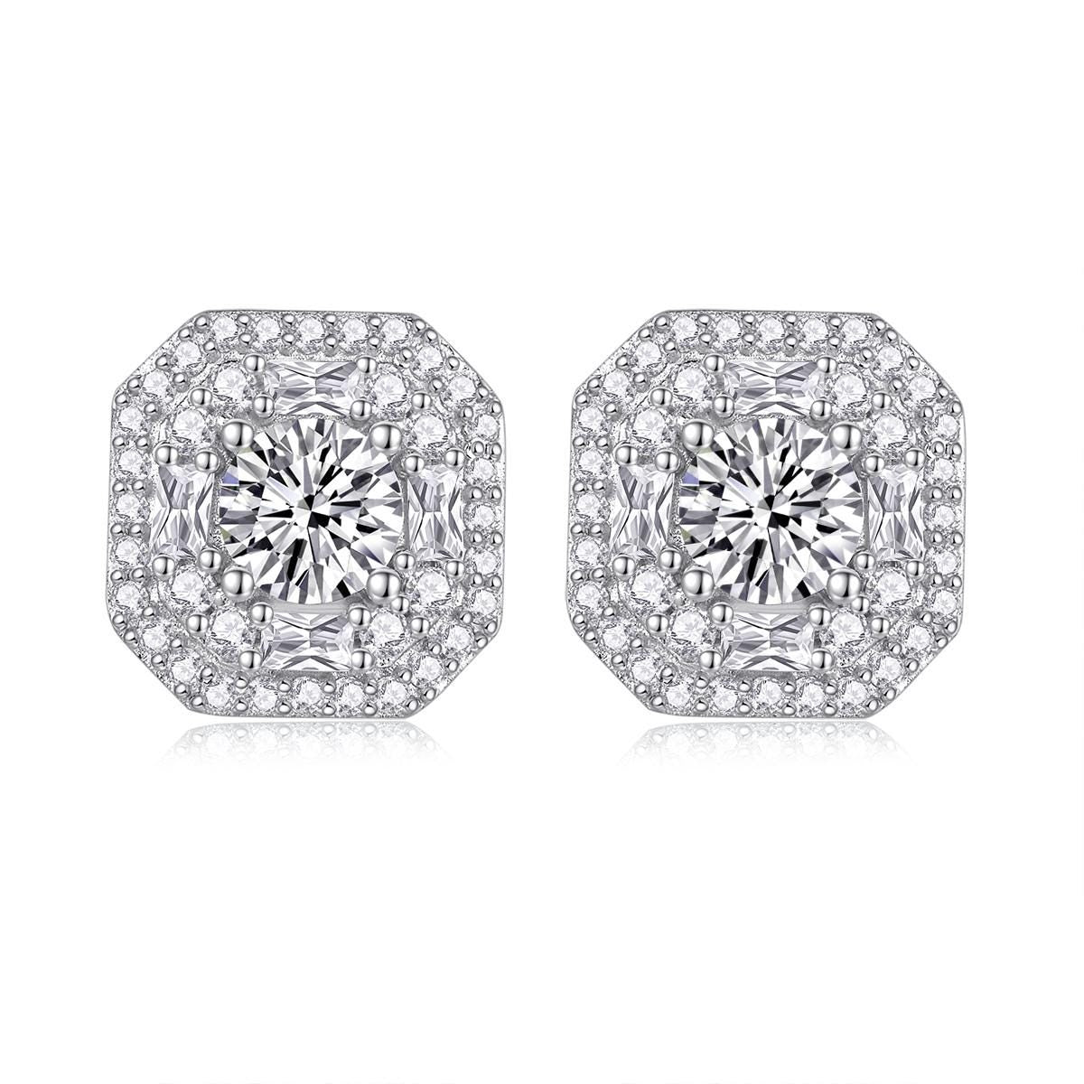 Moissanite Stud Earrings - Cushion Cut Double Halo, Sterling Silver