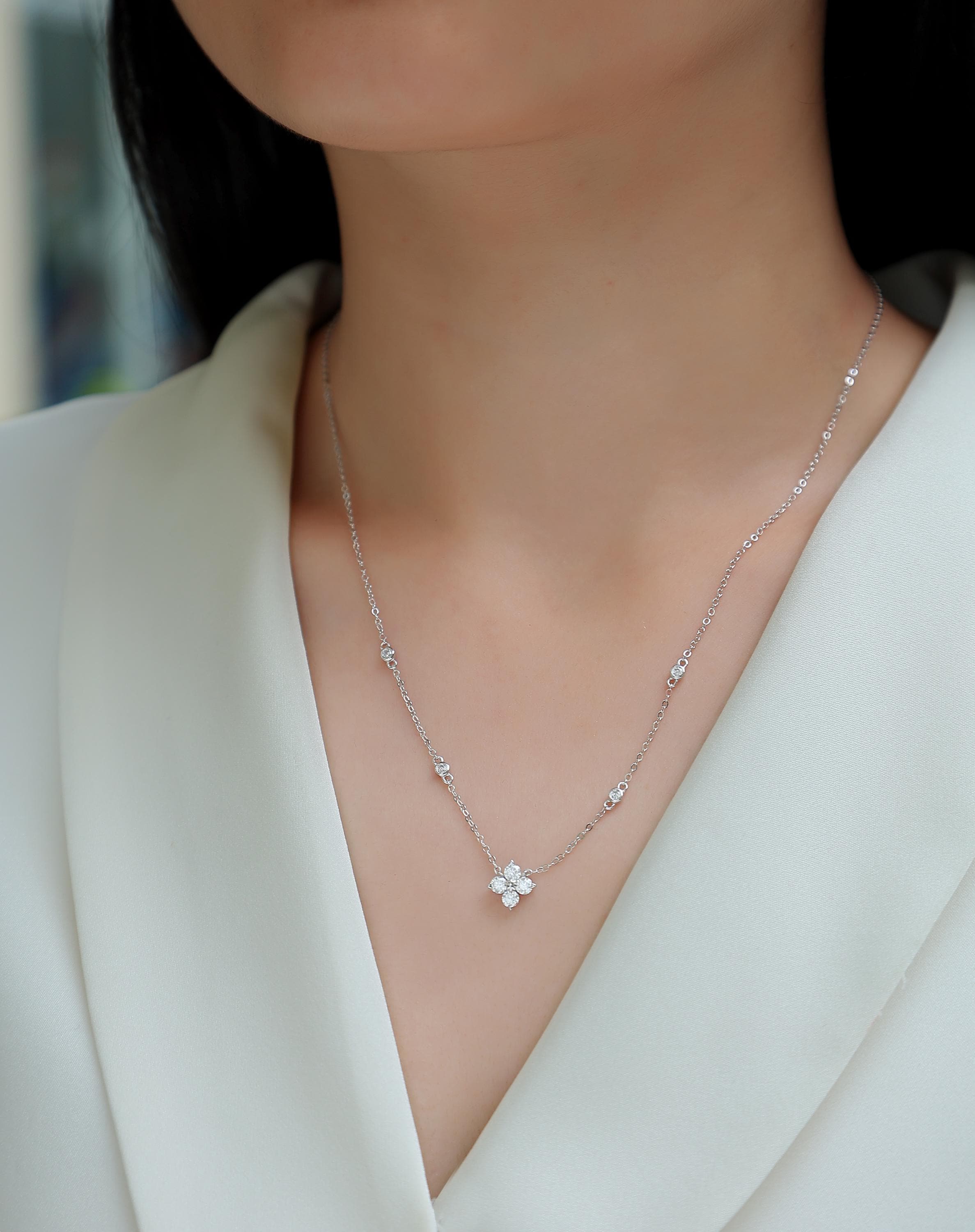 Moissanite Clover Necklace - Sterling Silver, 18K White Gold Plated