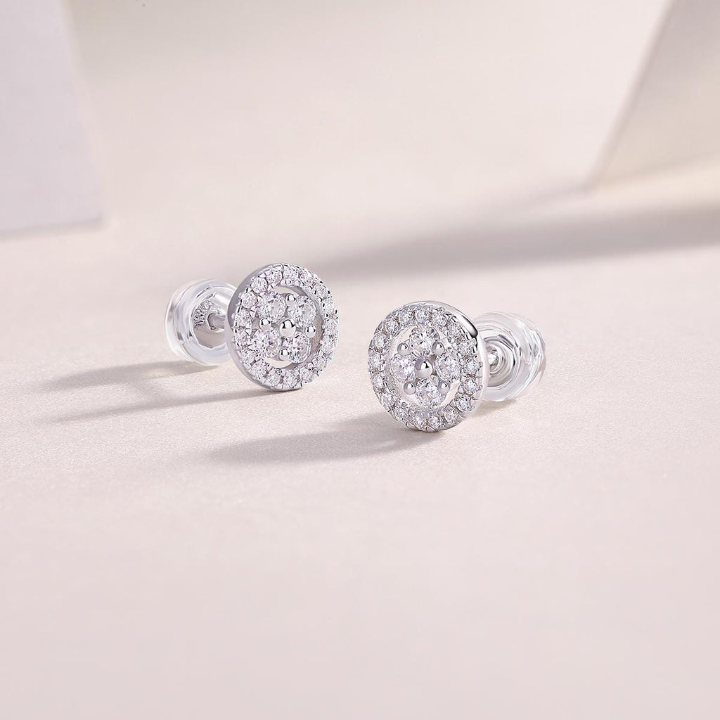 Halo Moissanite Stud Earrings, 18K White Gold Plated Sterling Silver