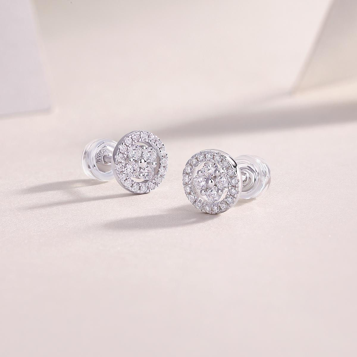 Halo Moissanite Stud Earrings, 18K White Gold Plated Sterling Silver