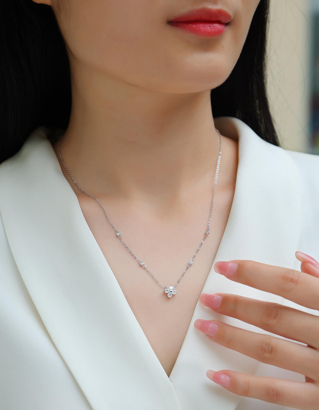 Moissanite Clover Necklace - Sterling Silver, 18K White Gold Plated