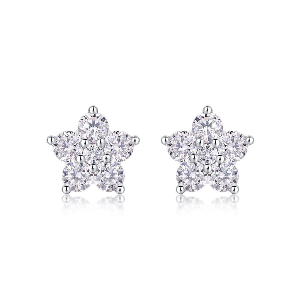 Floral Moissanite Stud Earrings 18K White Gold Plated, Sterling Silver