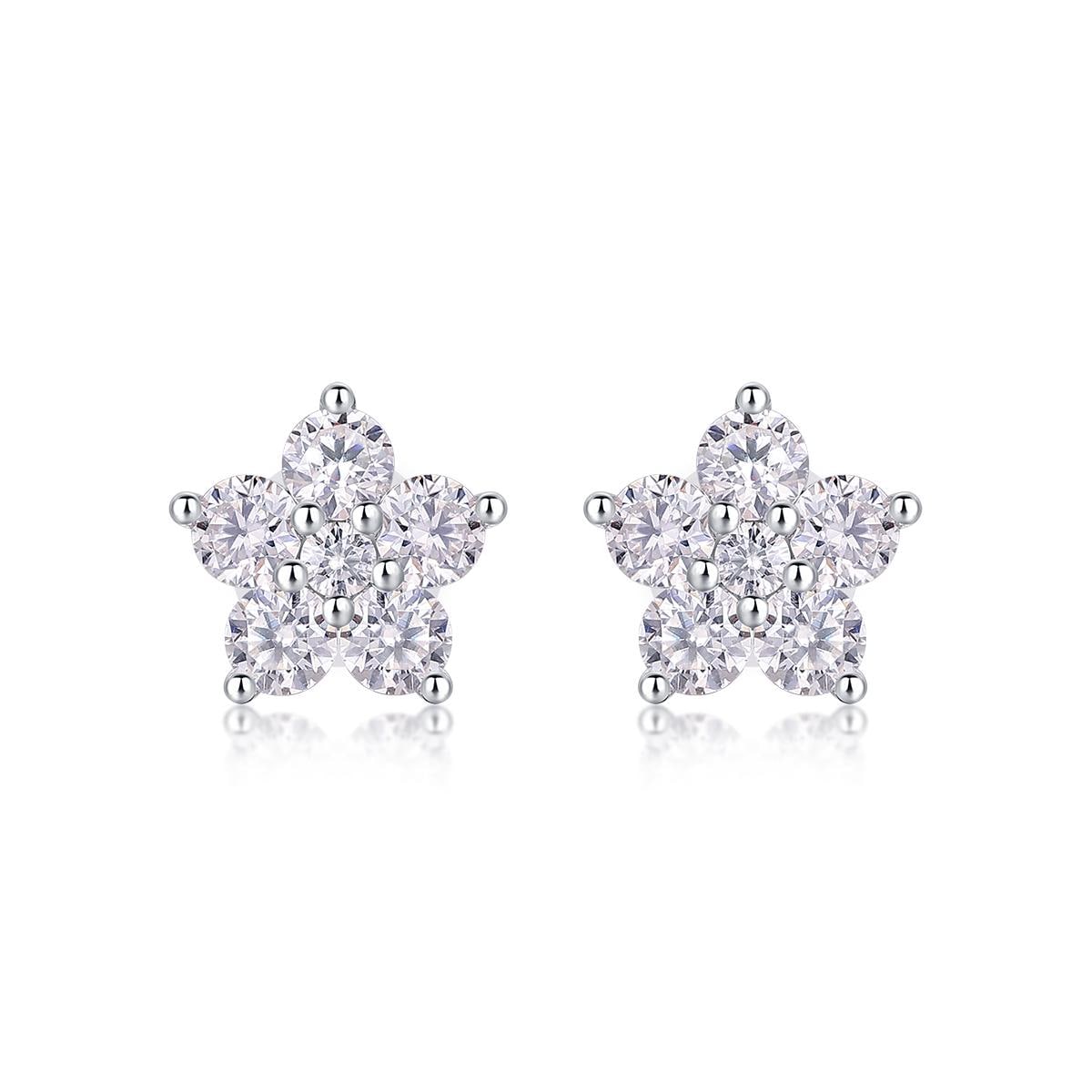 Floral Moissanite Stud Earrings 18K White Gold Plated, Sterling Silver