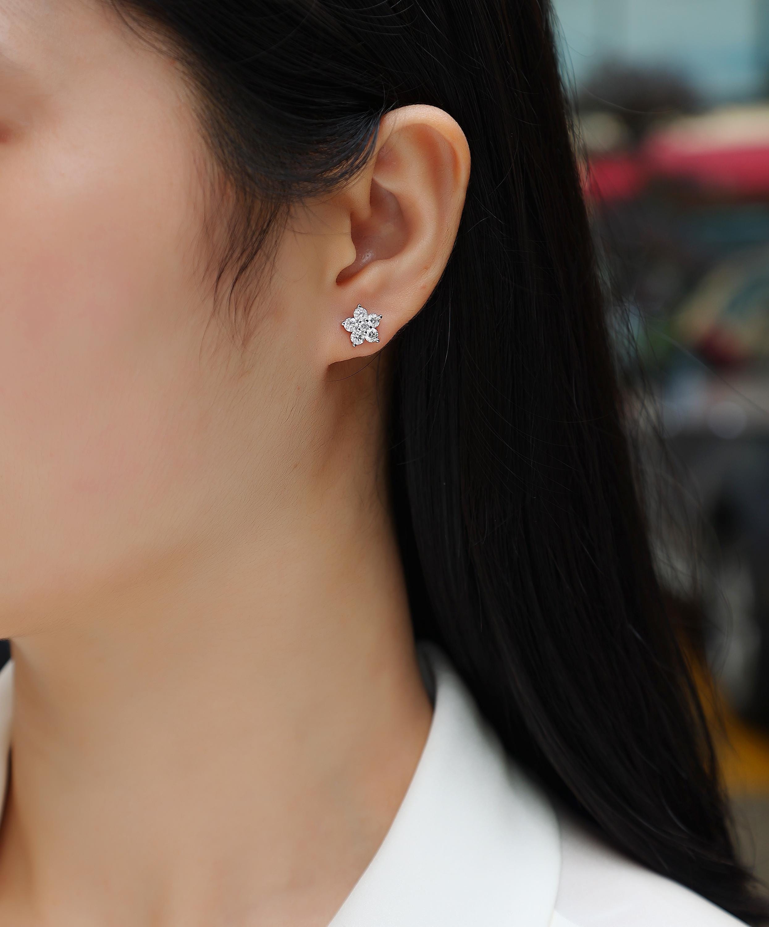 Floral Moissanite Stud Earrings 18K White Gold Plated, Sterling Silver