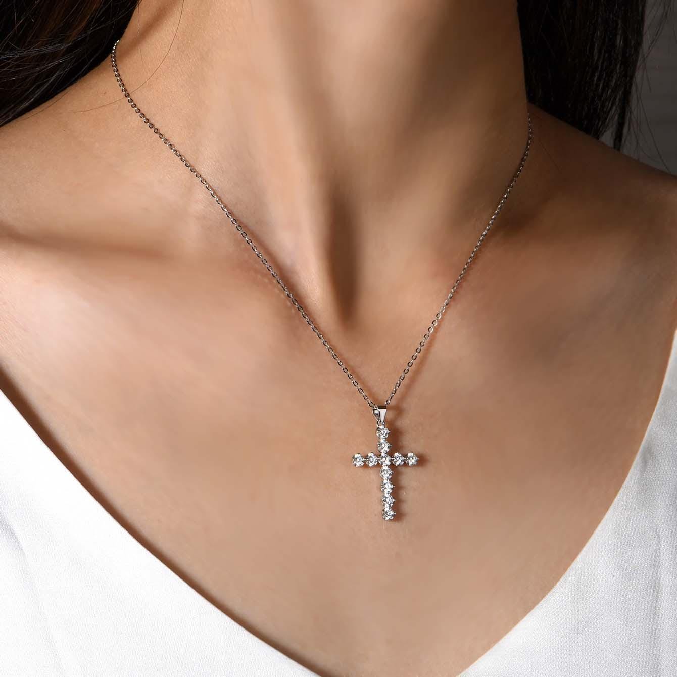 Floral Moissanite Cross Pendant - Sterling Silver Necklace