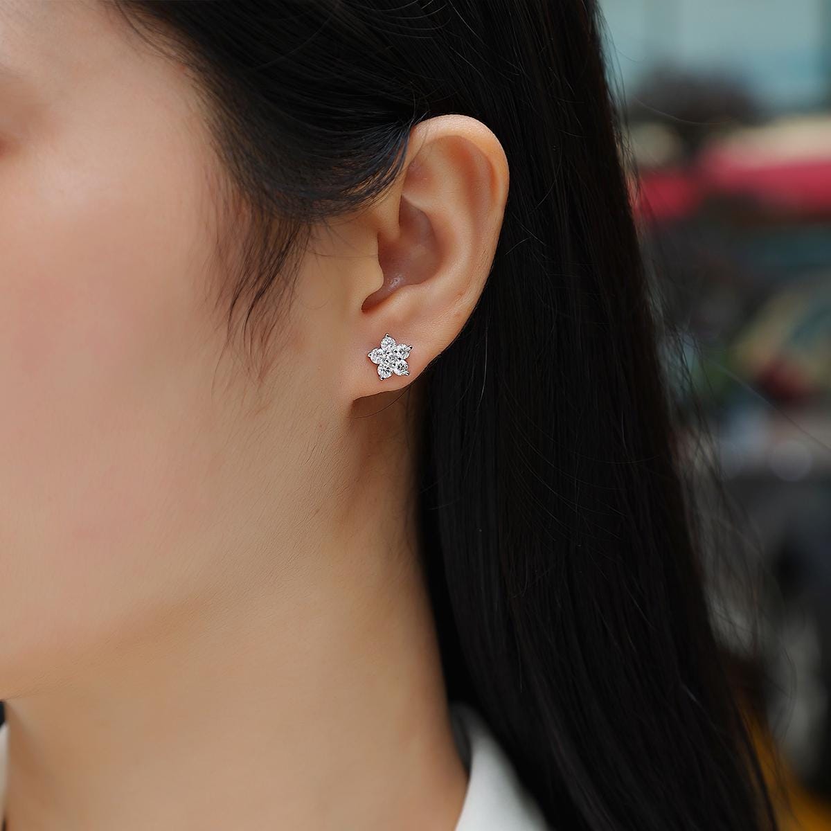 Floral Moissanite Stud Earrings 18K White Gold Plated, Sterling Silver