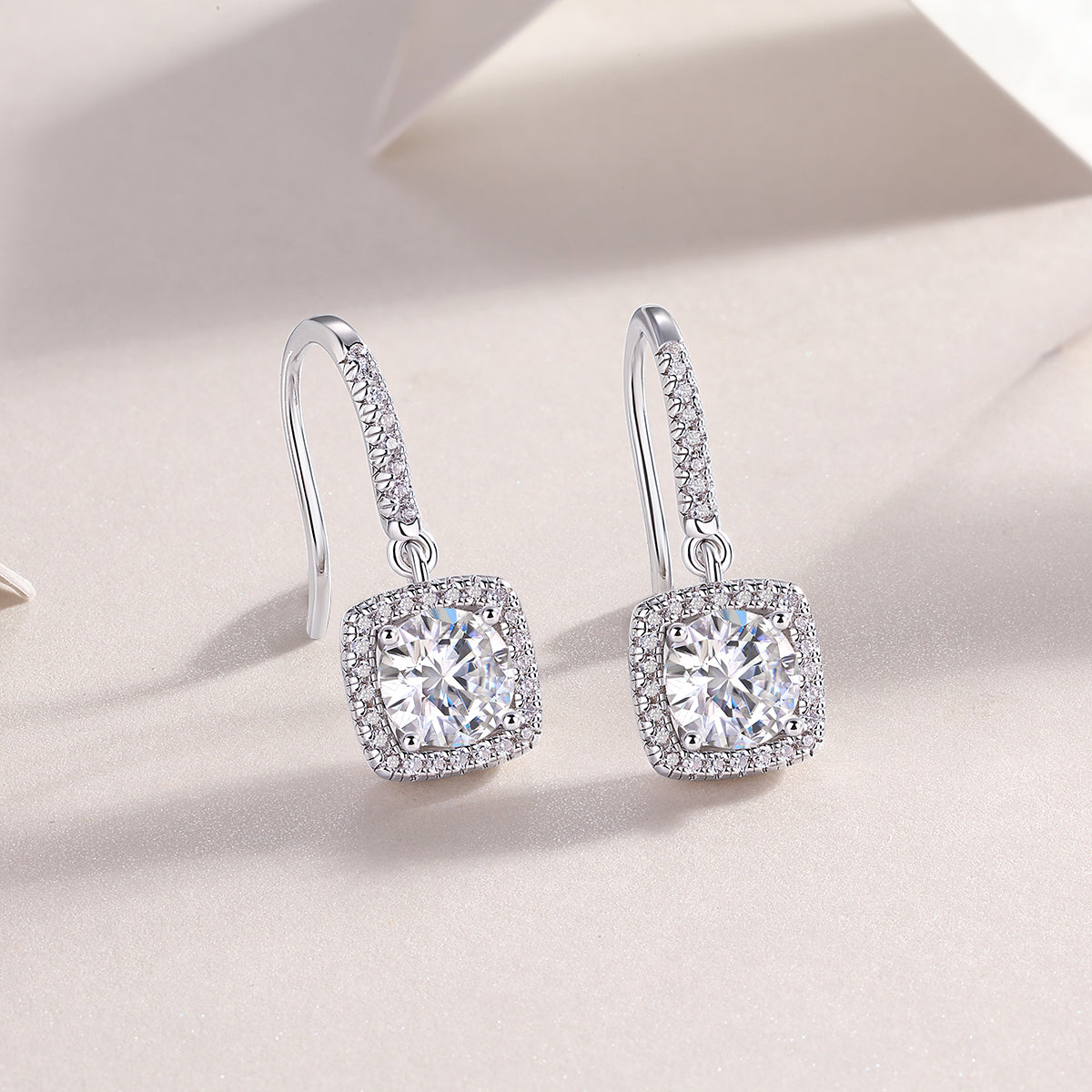 Cushion Halo Moissanite Drop Earrings