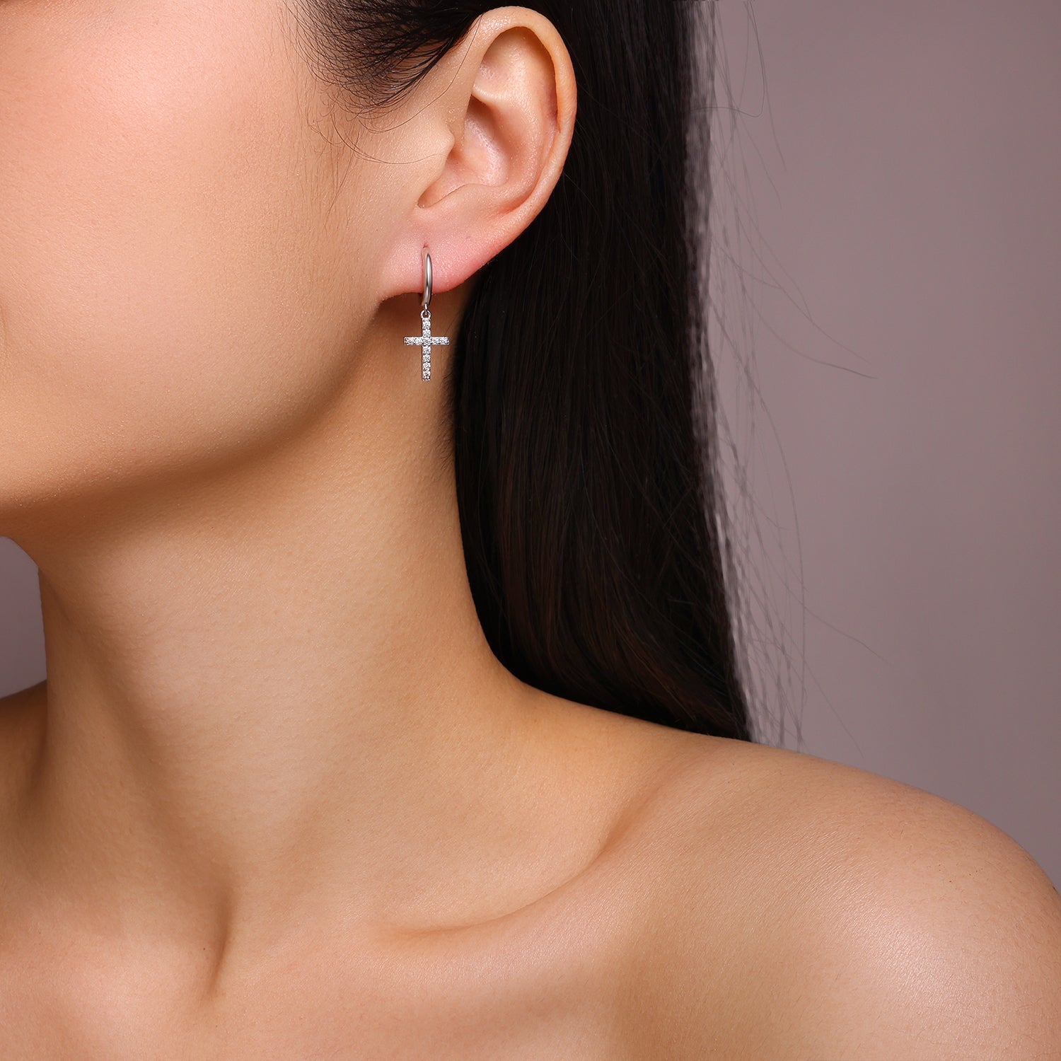 Cross Charm Moissanite Hoop Earrings