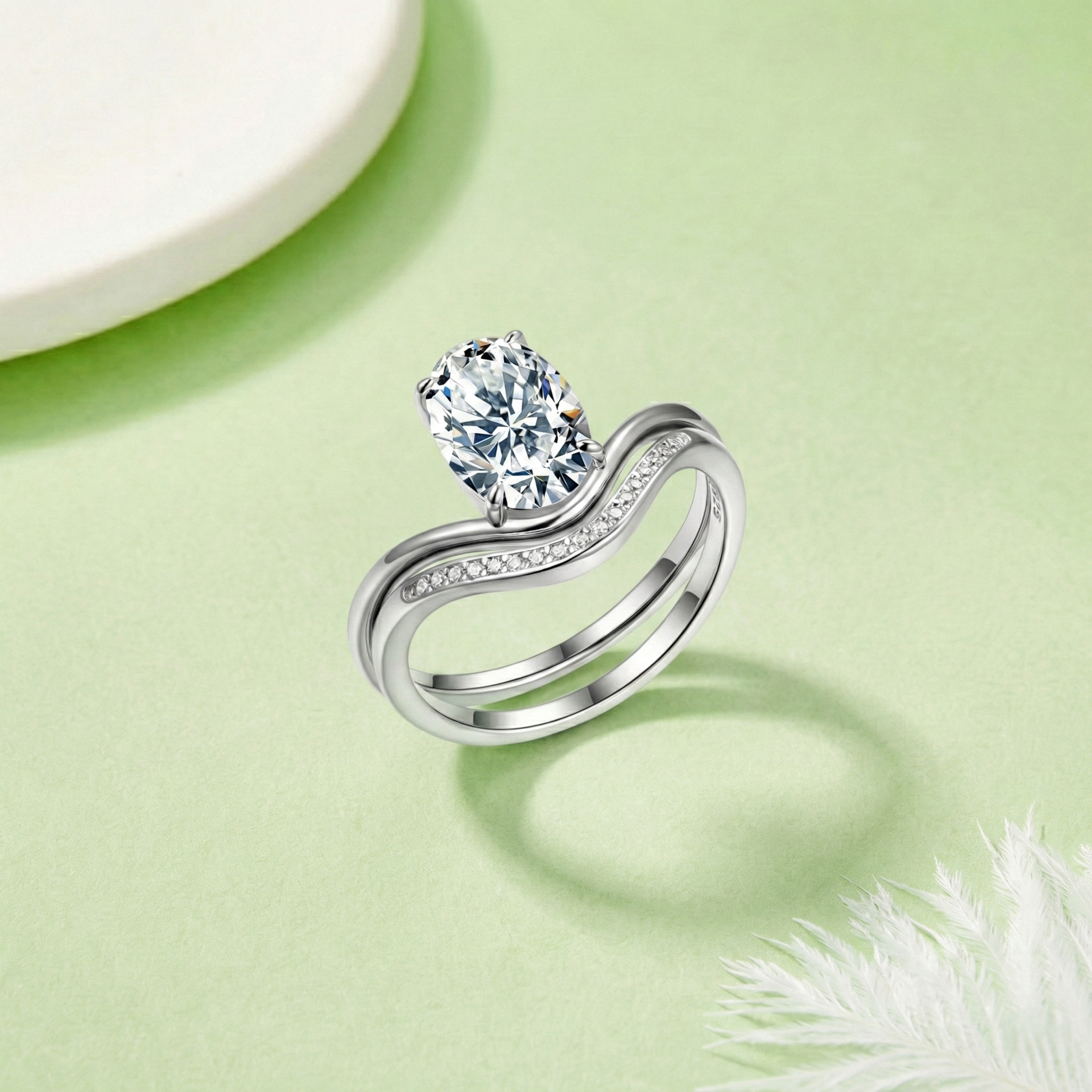 Oval Solitaire Moissanite Wave Ring Set