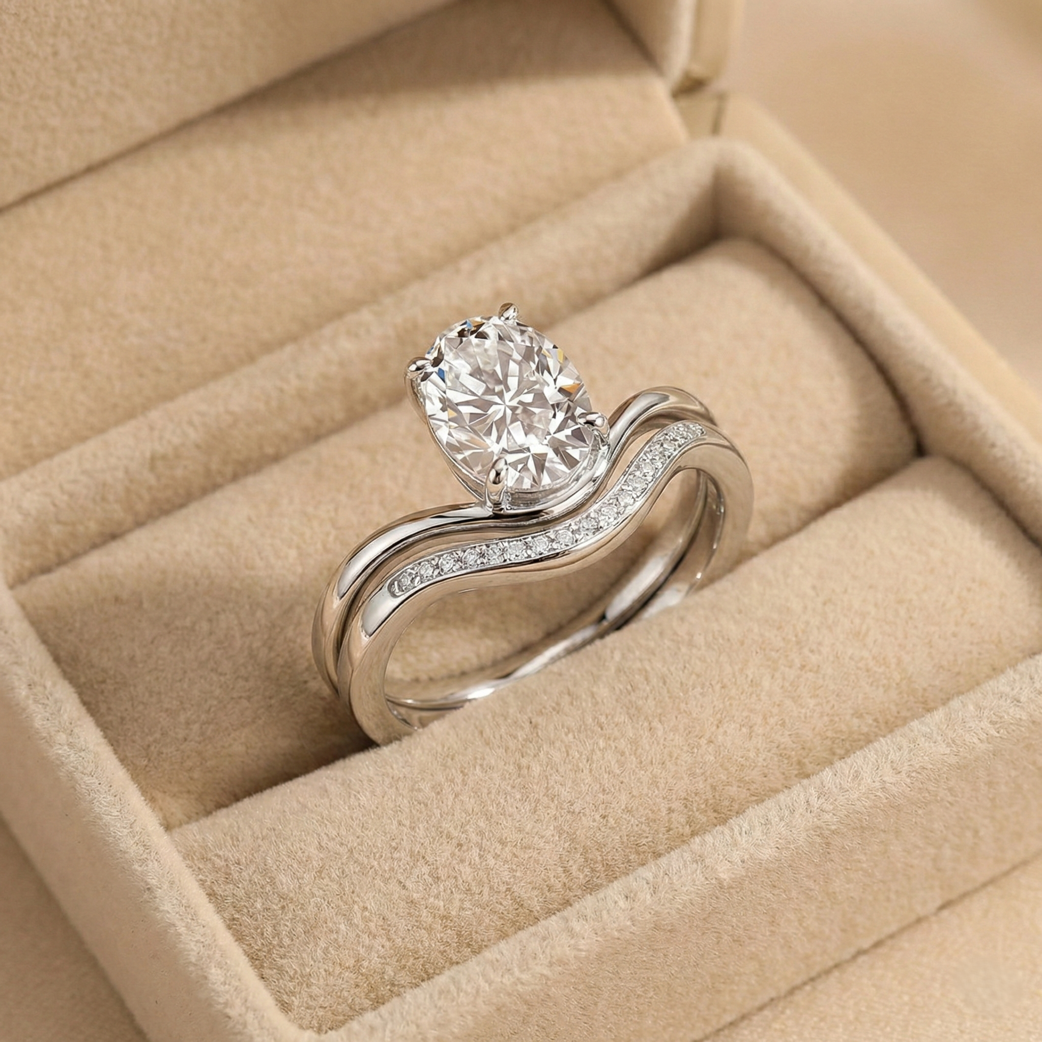 Oval Solitaire Moissanite Wave Ring Set