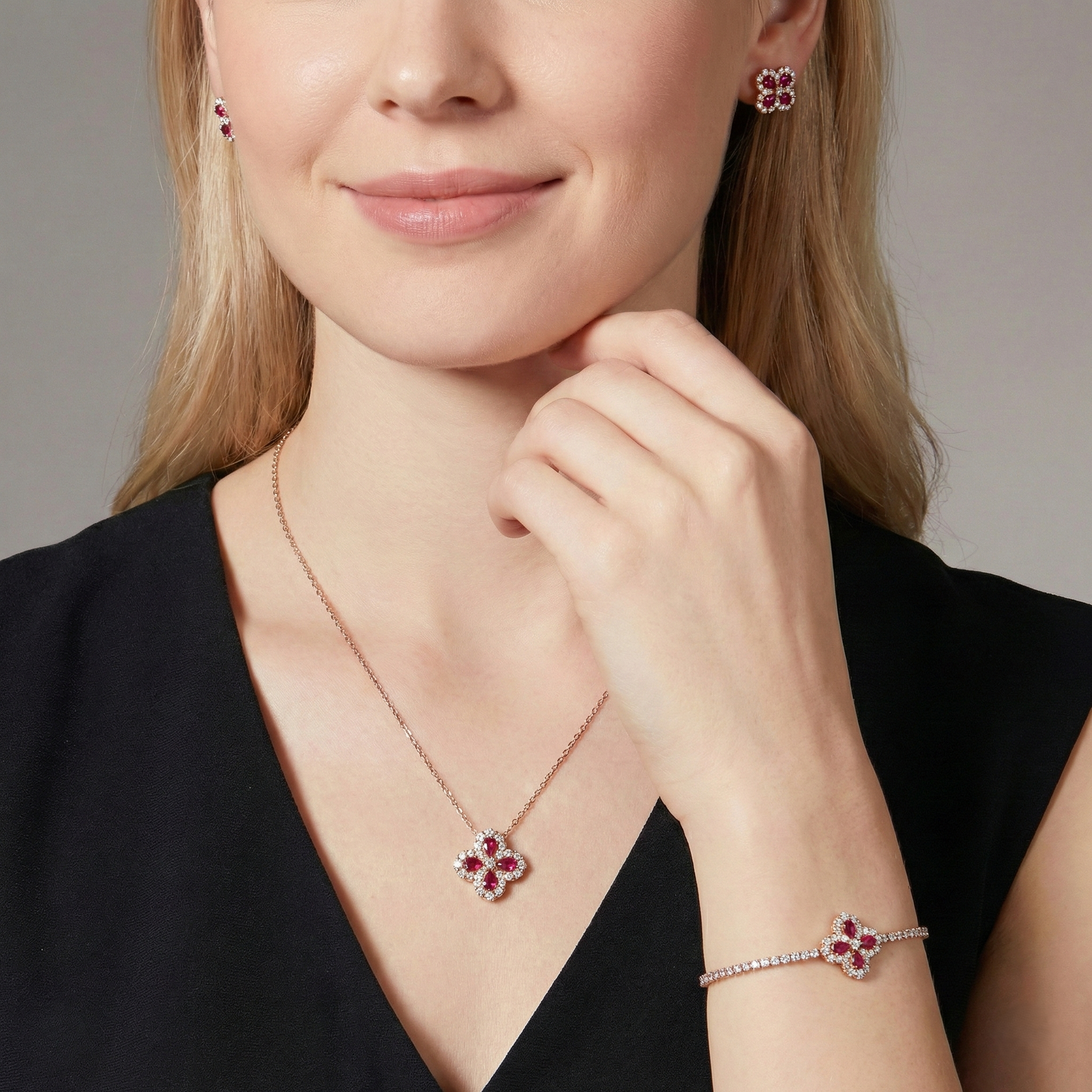 Four Leaf Motif Ruby Gemstone Jewelry Set