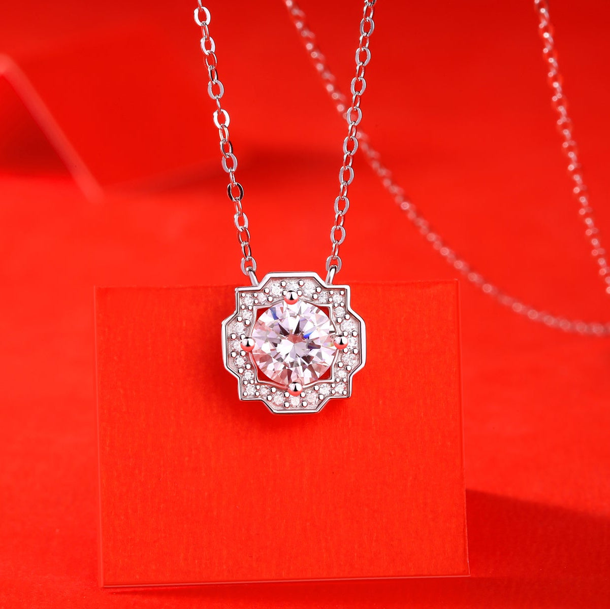 Geometric Halo Moissanite Pendant Necklace