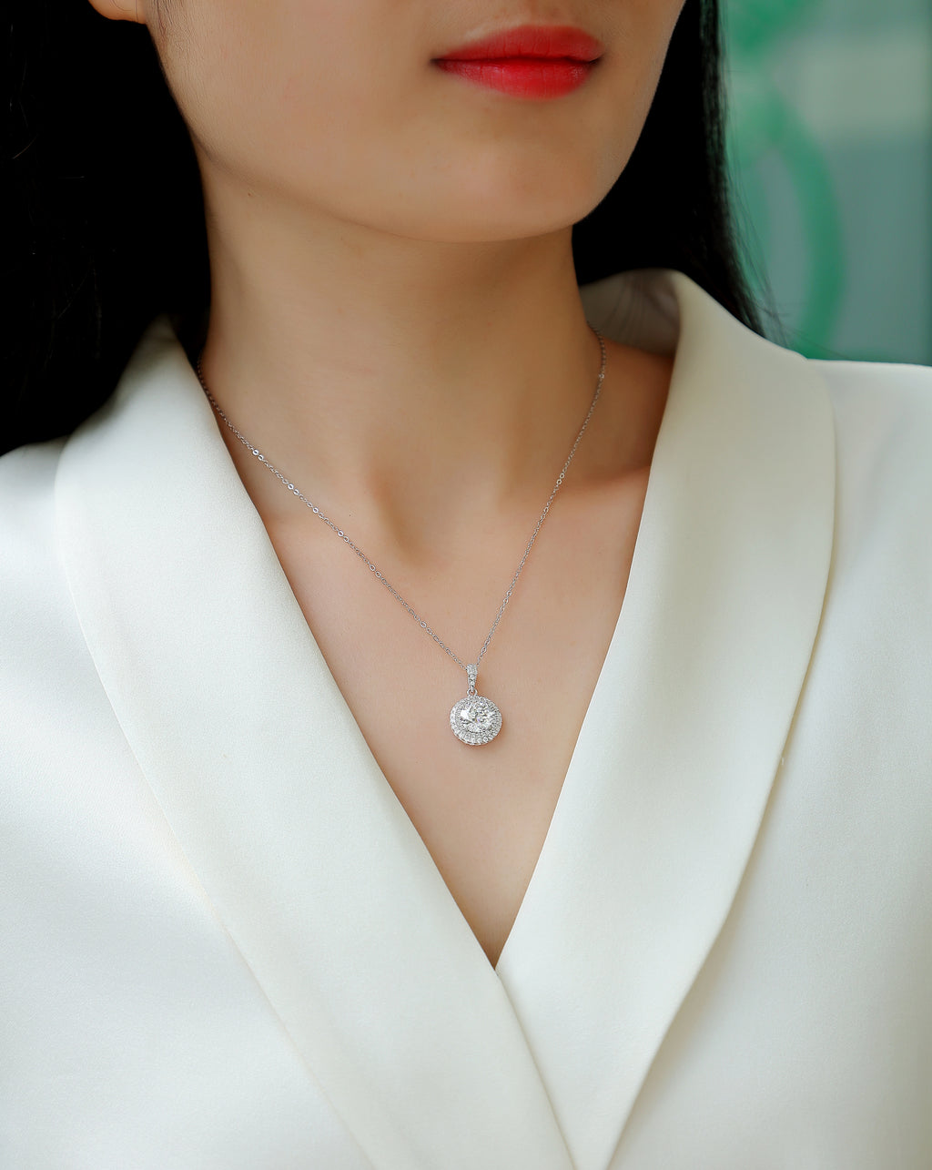 Classic Station Halo Moissanite Pendant Necklace