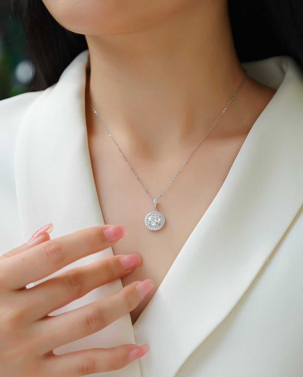 Classic Station Halo Moissanite Pendant Necklace