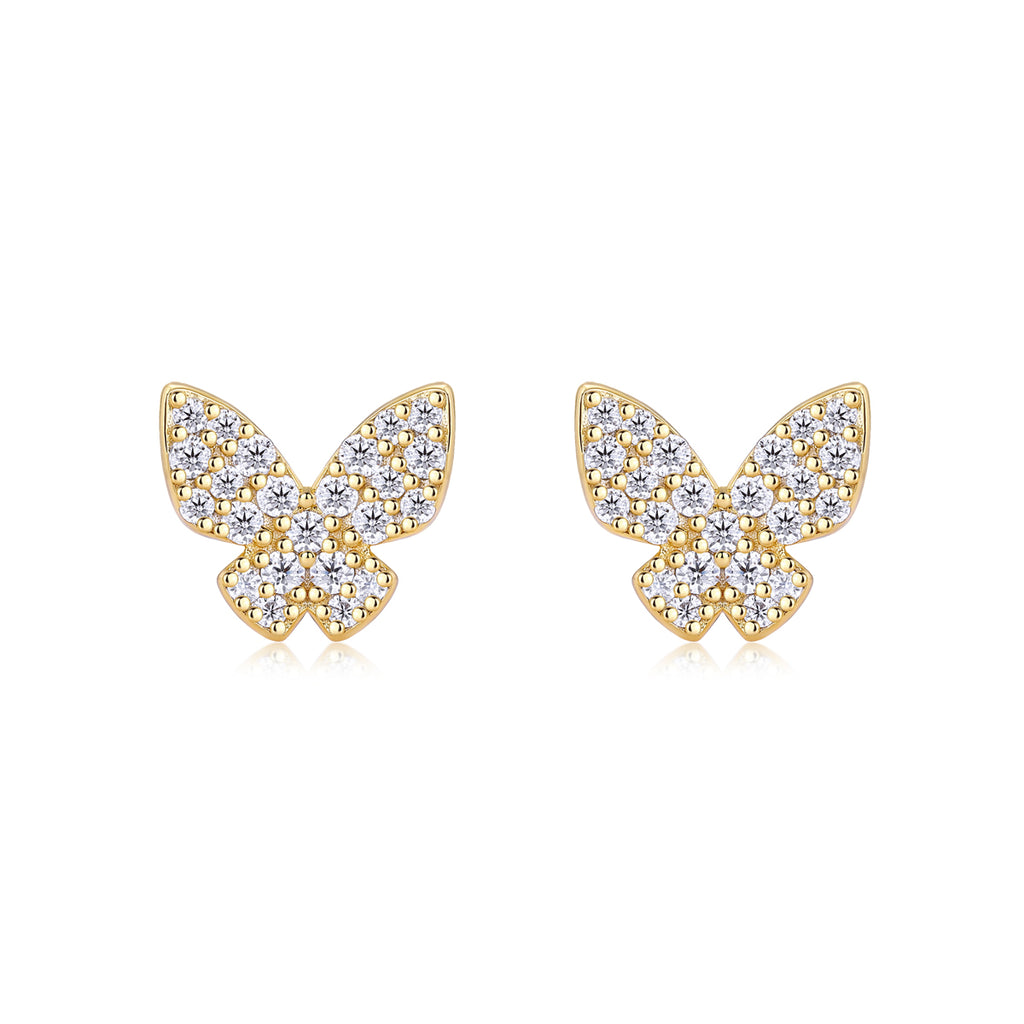 Pavé Butterfly Moissanite Stud Earrings in 925 Sterling Silver with 18K Yellow Gold Plating