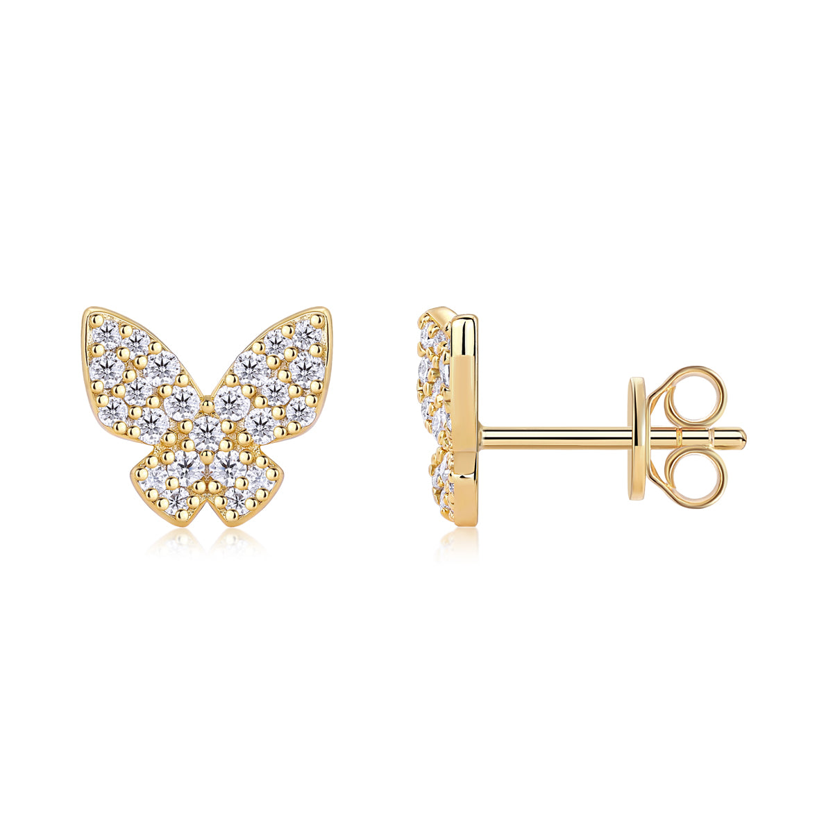 Pavé Butterfly Moissanite Stud Earrings in 925 Sterling Silver with 18K Yellow Gold Plating