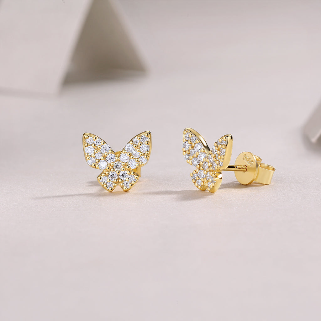 Pavé Butterfly Moissanite Stud Earrings in 925 Sterling Silver with 18K Yellow Gold Plating