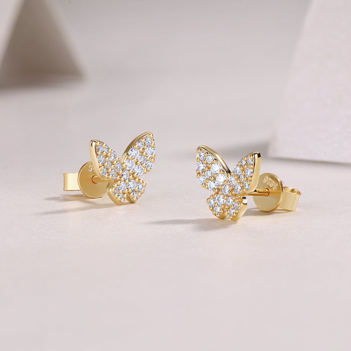 Pavé Butterfly Moissanite Stud Earrings in 925 Sterling Silver with 18K Yellow Gold Plating