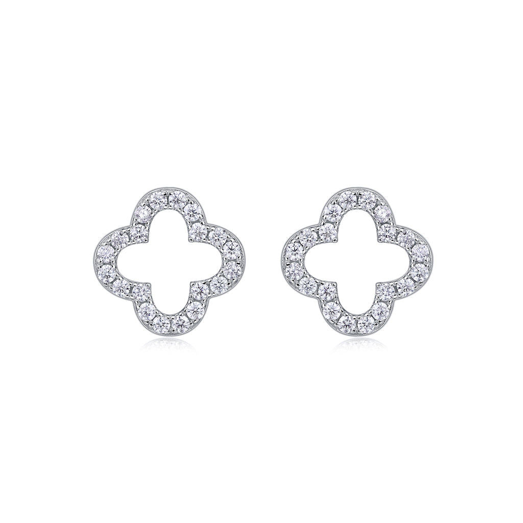 Four‑Leaf Clover Moissanite Stud Earrings in 925 Sterling Silver with 18K White Gold Plating