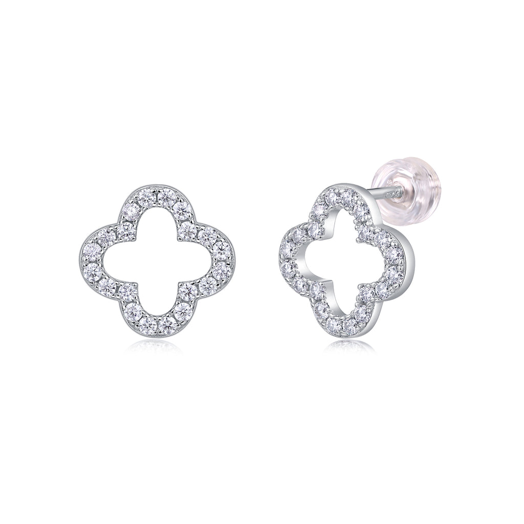 Four‑Leaf Clover Moissanite Stud Earrings in 925 Sterling Silver with 18K White Gold Plating