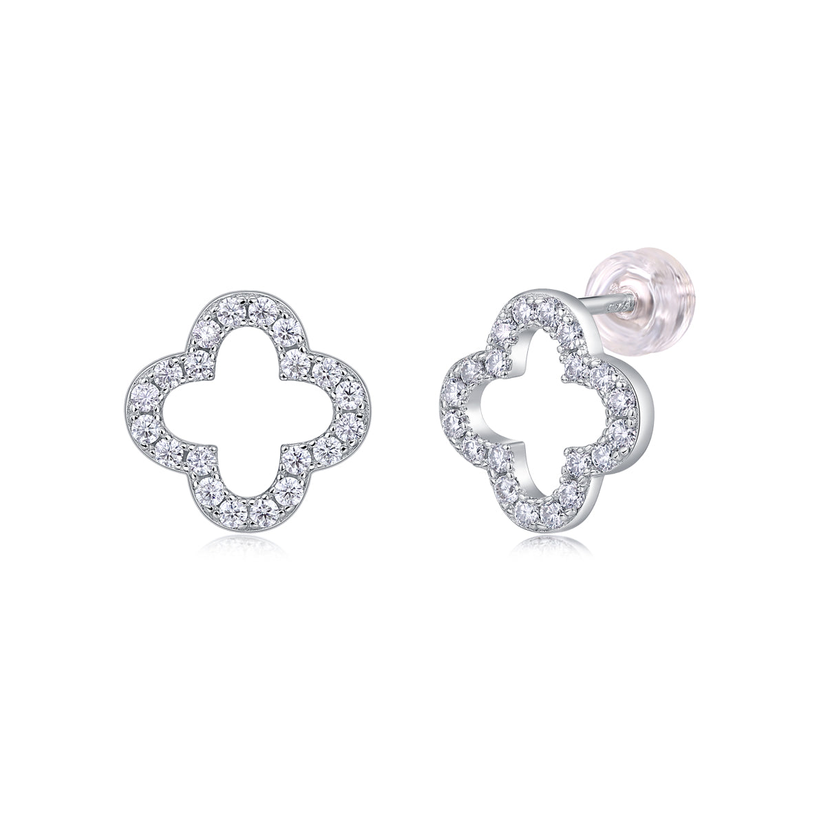 Four‑Leaf Clover Moissanite Stud Earrings in 925 Sterling Silver with 18K White Gold Plating