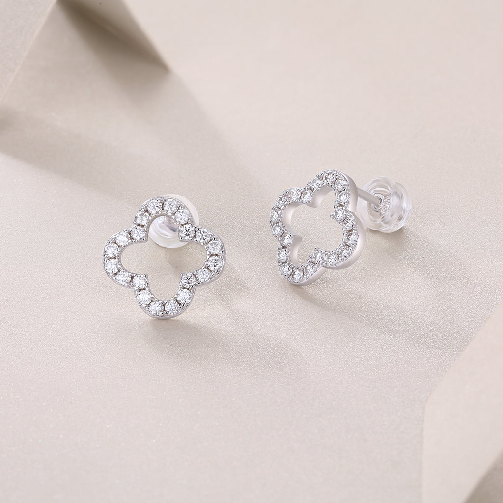 Four‑Leaf Clover Moissanite Stud Earrings in 925 Sterling Silver with 18K White Gold Plating