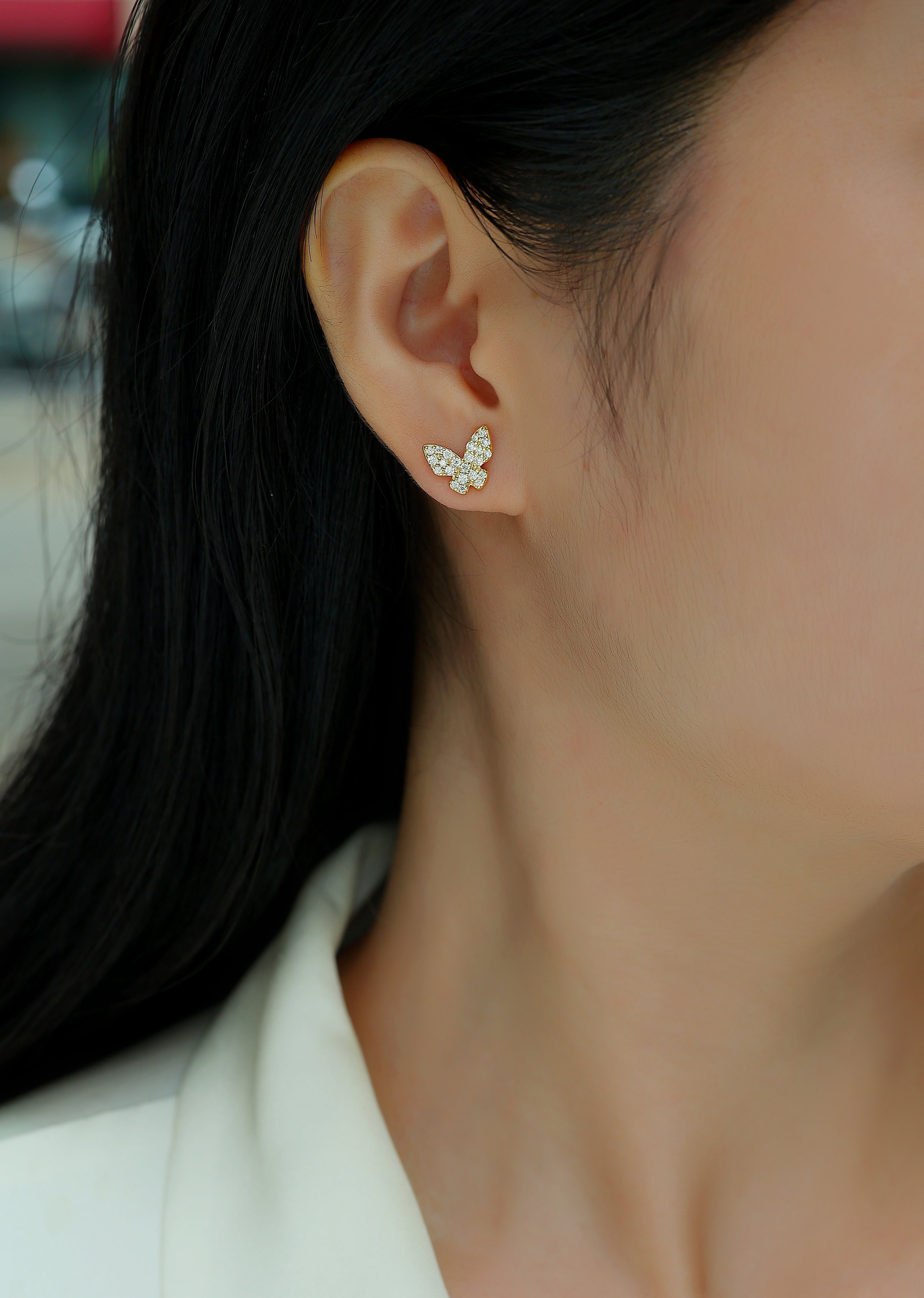 Pavé Butterfly Moissanite Stud Earrings in 925 Sterling Silver with 18K Yellow Gold Plating