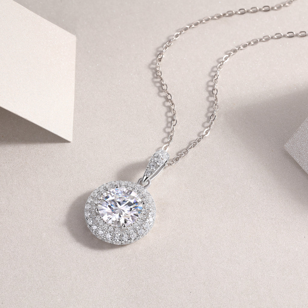 Classic Station Halo Moissanite Pendant Necklace
