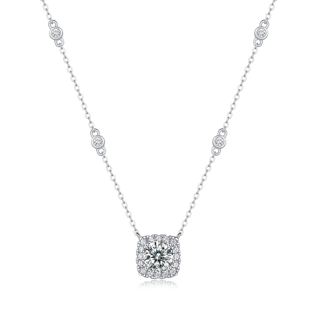 Cushion Cut Moissanite Pendant Necklace in 925 Sterling Silver with White Gold Plating – 1.0 ct