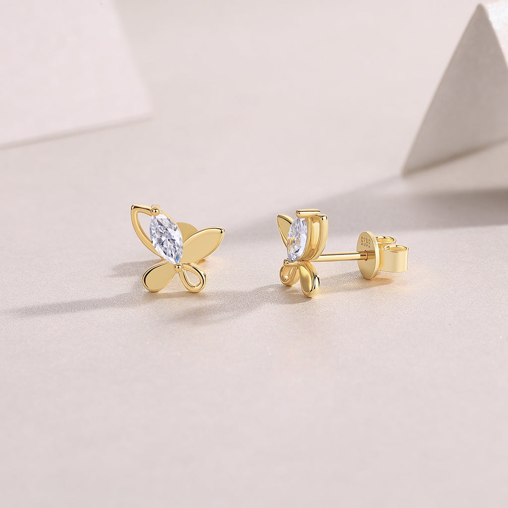 Marquise Moissanite Butterfly Stud Earrings in 925 Sterling Silver with 18K Yellow Gold Plating – 0.6 ct