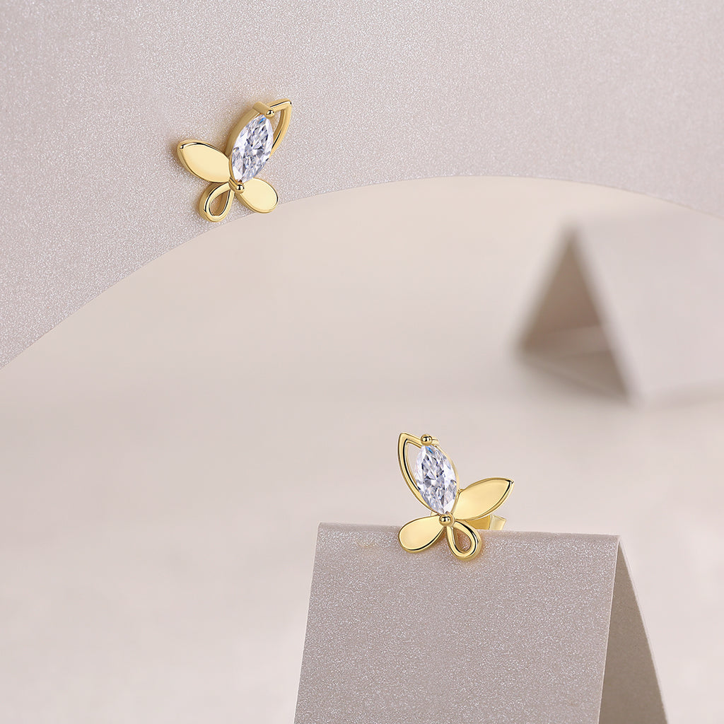 Marquise Moissanite Butterfly Stud Earrings in 925 Sterling Silver with 18K Yellow Gold Plating – 0.6 ct