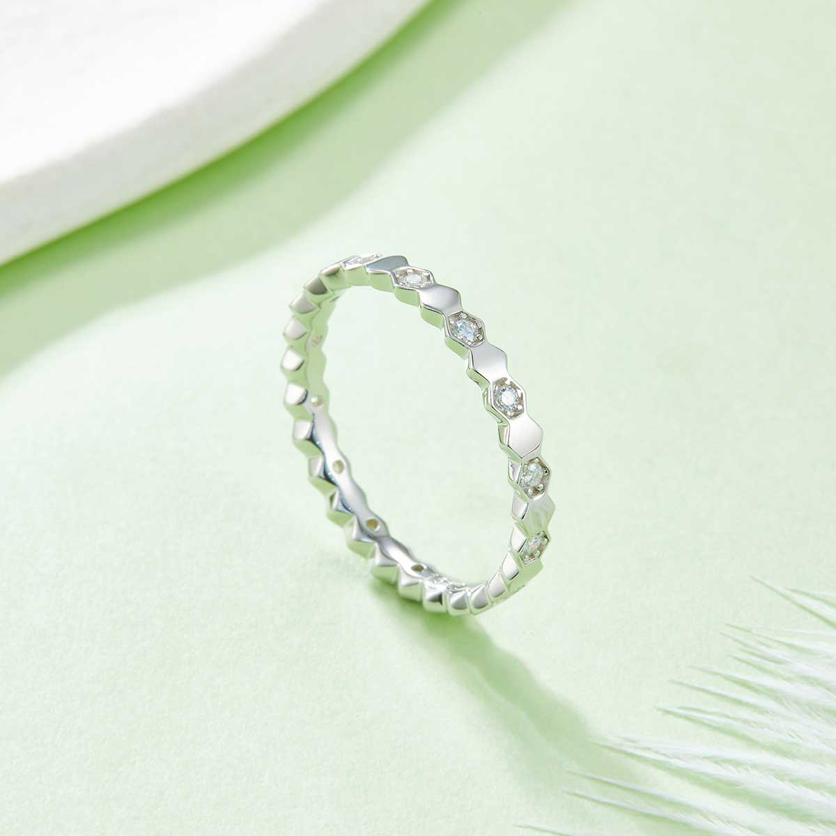 Honeycomb Moissanite Eternity Band in 925 Sterling Silver with White Gold Plating – 0.2 ct