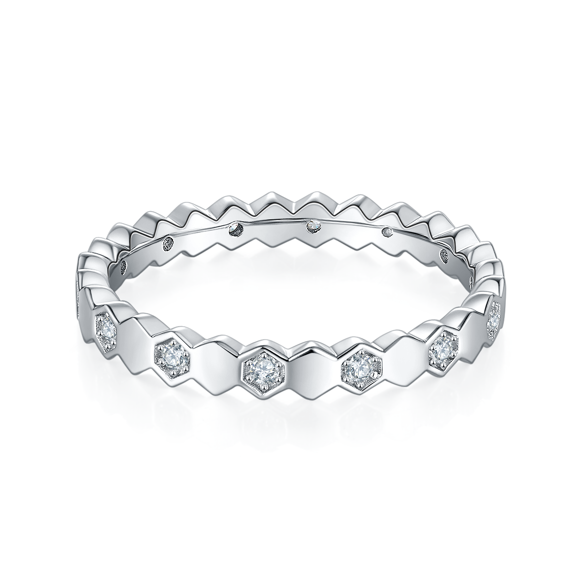 Honeycomb Moissanite Eternity Band in 925 Sterling Silver with White Gold Plating – 0.2 ct