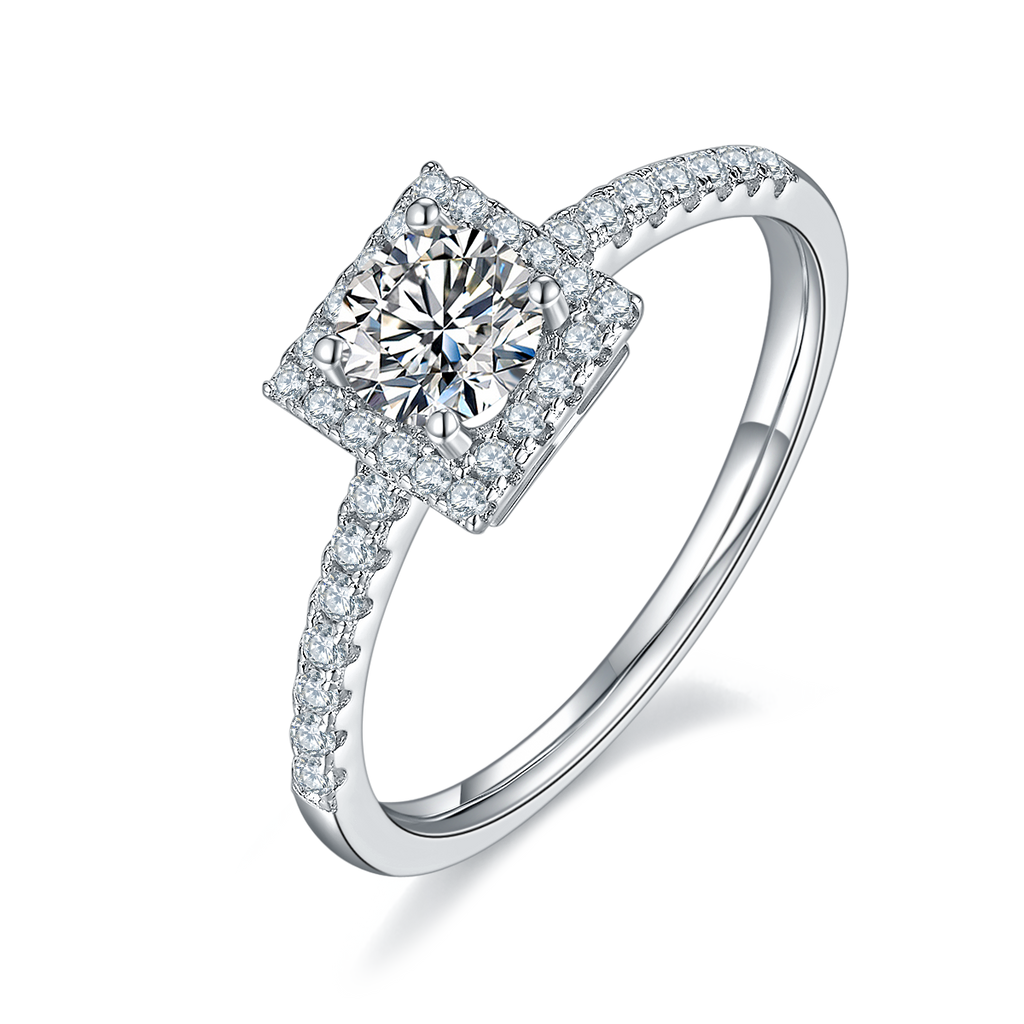 Square Halo Moissanite Diamond Ring in 925 Sterling Silver with White Gold Plating - 0.5ct
