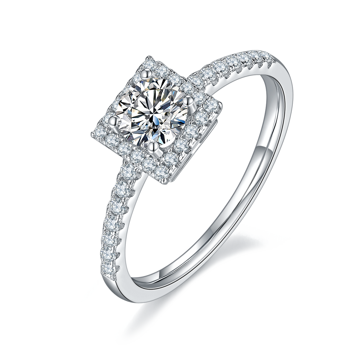Square Halo Moissanite Diamond Ring in 925 Sterling Silver with White Gold Plating - 0.5ct